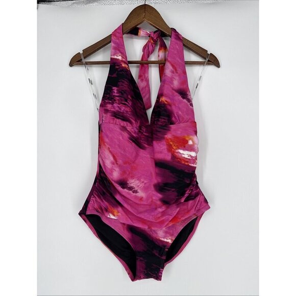 DKNY Womens Size Large Tie Back Halter Style One Piece Swimsuit Pink Black New - Picture 3 of 7